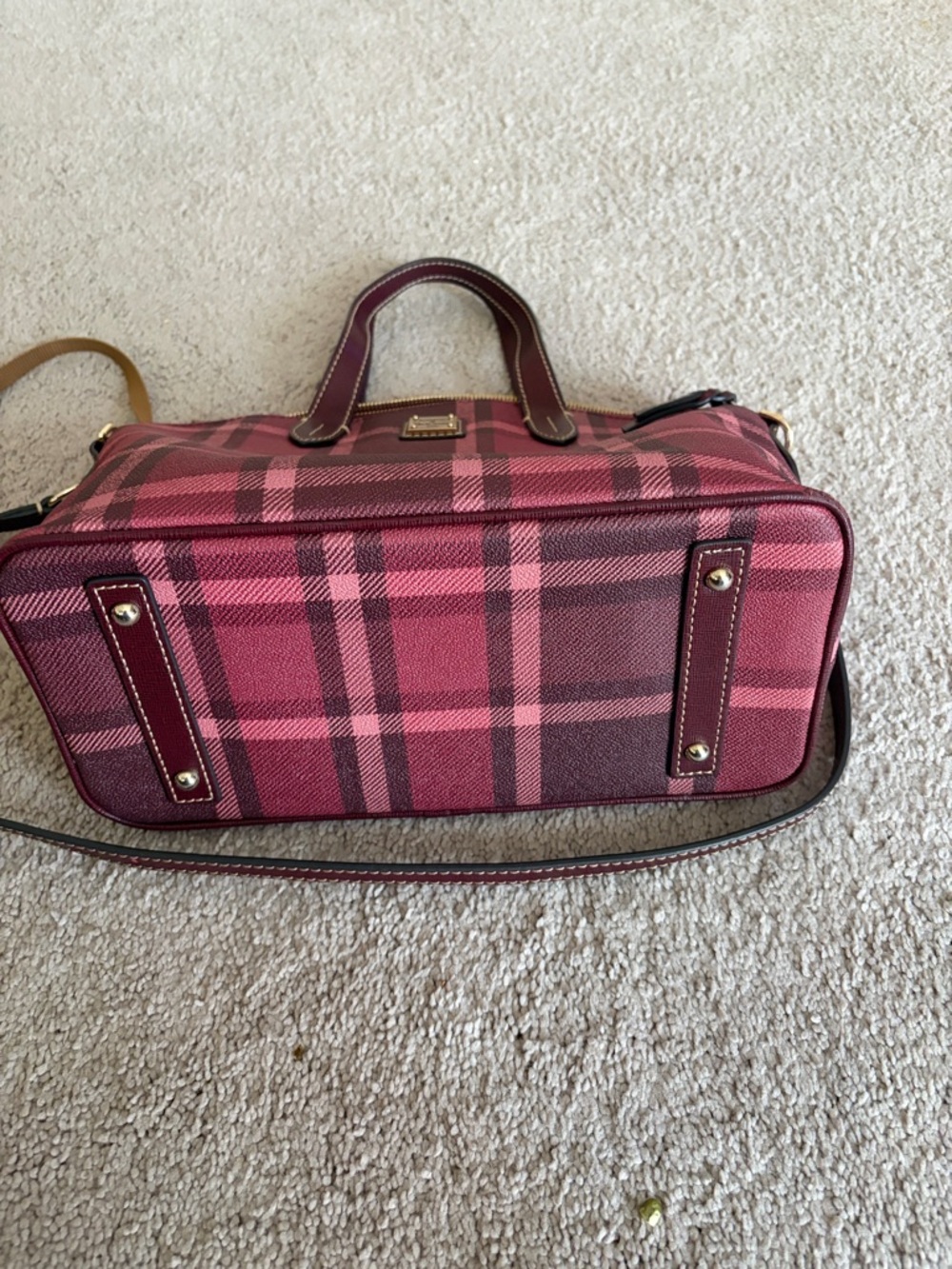Dooney & Bourke Pink Plaid Satchel with Burgundy Trim - Picture 3 of 7